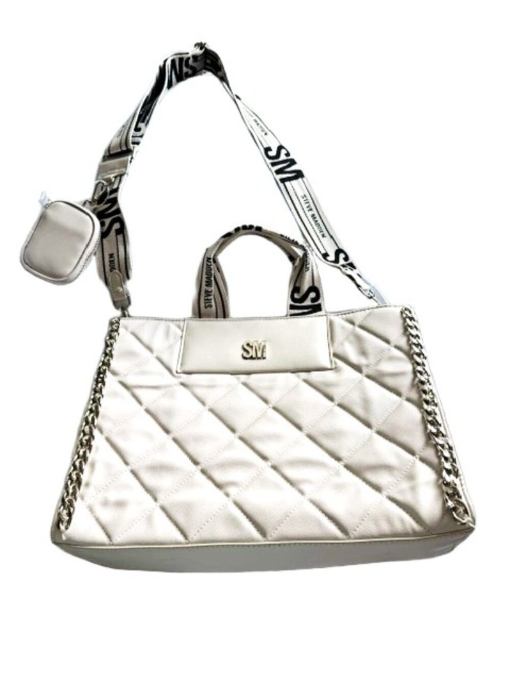 Steve Madden White Quilted Tote Bag NWT Logo Strap Chain Detail